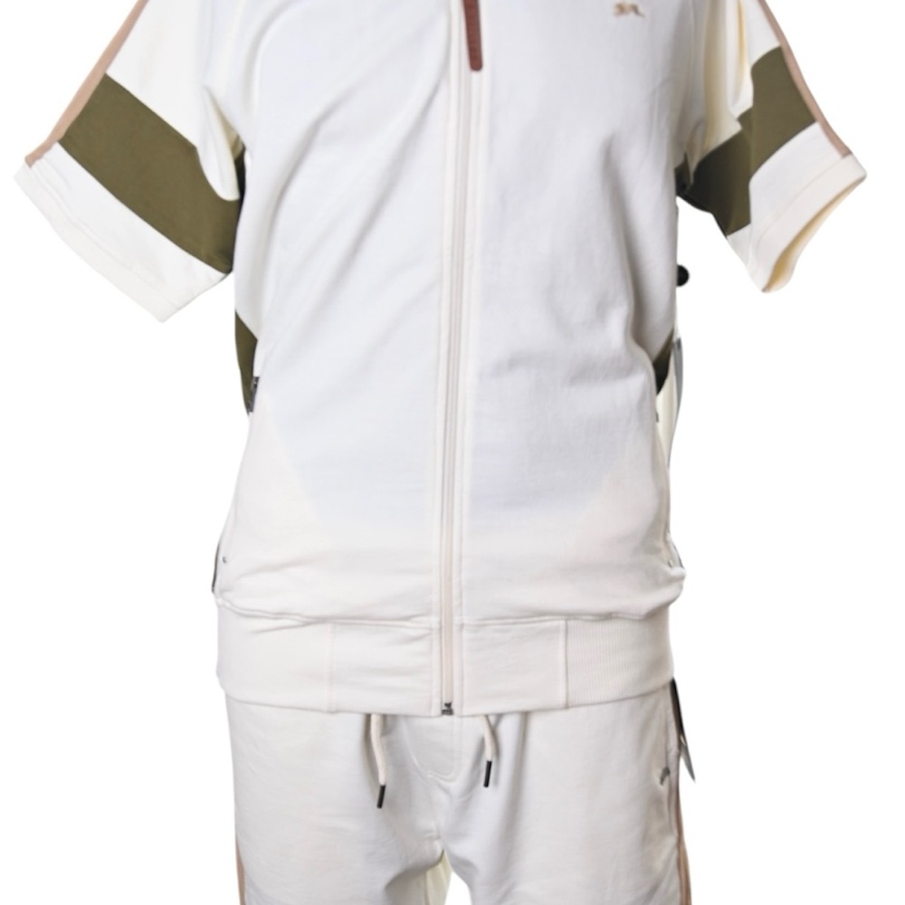 White Tracksuit with Olive and Tan Accents